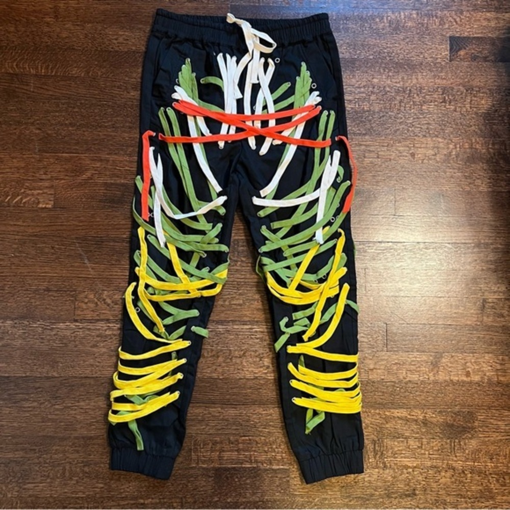 I.Blanco black pants with multi color shoe lace accents